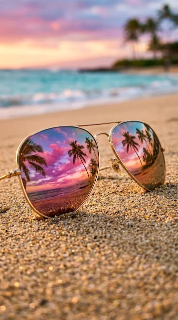 Sunglasses on Sand Reflecting a Pink Tropical Sunset - Free 4K & 8K mobile Wallpaper