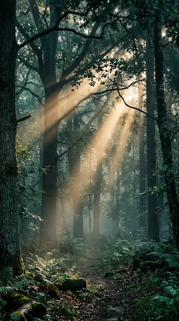 Sunlight Breaking Through Mist in a Muted Green Forest at Dawn - Free 4K & 8K mobile Wallpaper
