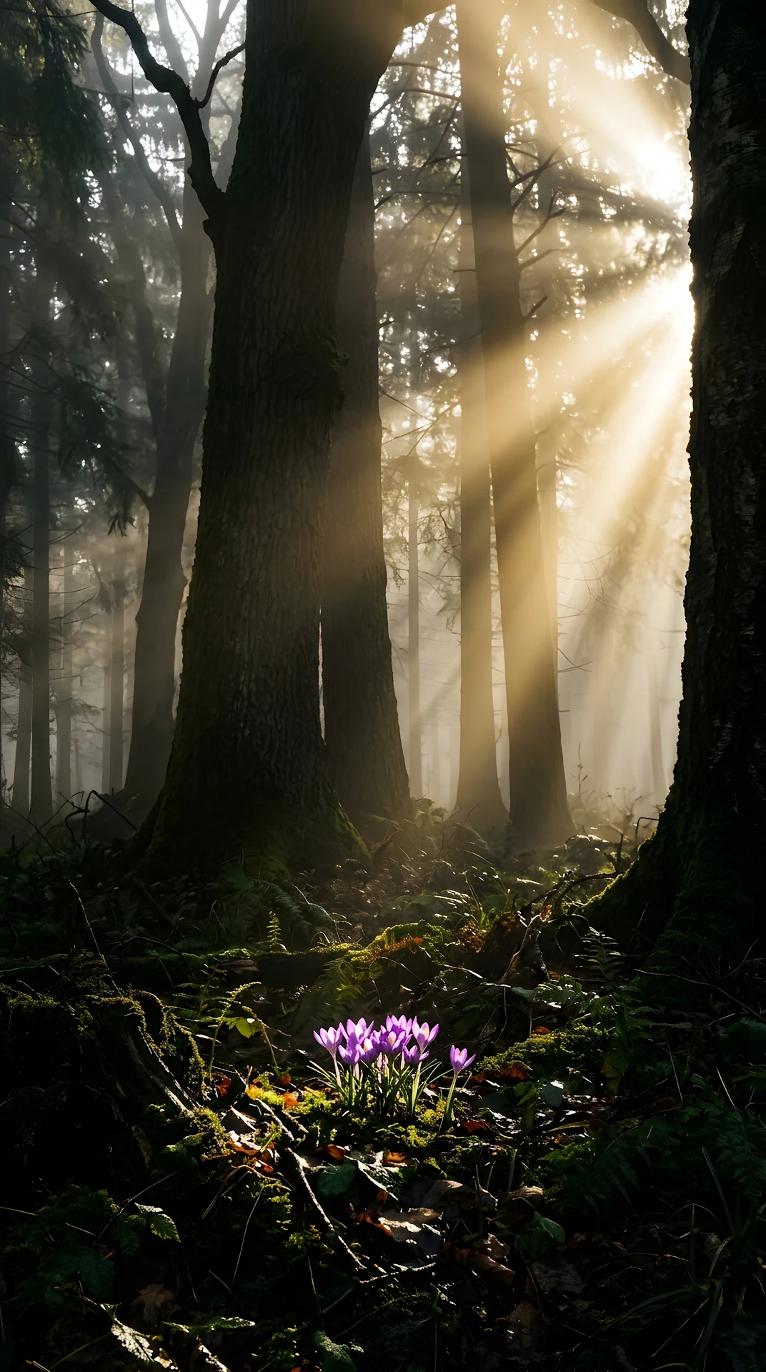 Sunlight Filtering Through Misty Forest Trees onto a Field of Purple Flowers - Free 4K mobile Wallpaper