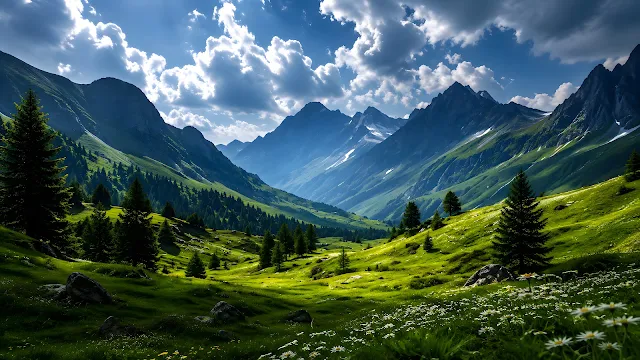 Lush green mountain valley covered in wildflowers leading to sharp alpine peaks under a bright cloudy blue sky.