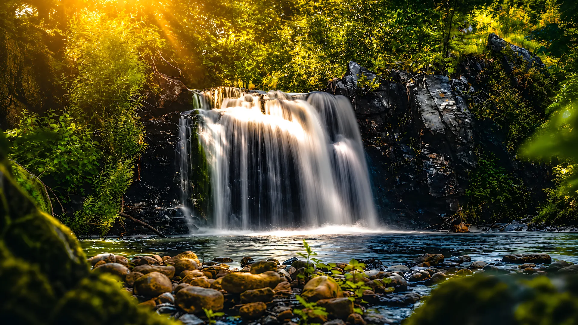 Sunlit Forest Waterfall Flowing Into a River - Free 4K desktop Wallpaper