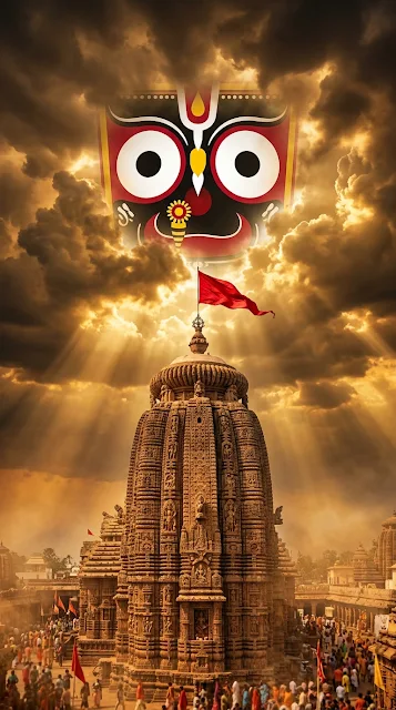 Sunlit Hindu Temple with Jagannath Deity Face in the Clouds - Free 4K & 8K mobile Wallpaper