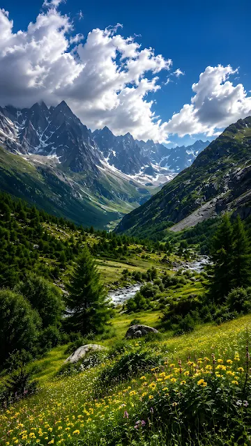 Lush mountain valley with yellow wildflowers, green hills, alpine trees, and jagged peaks under blue sky.