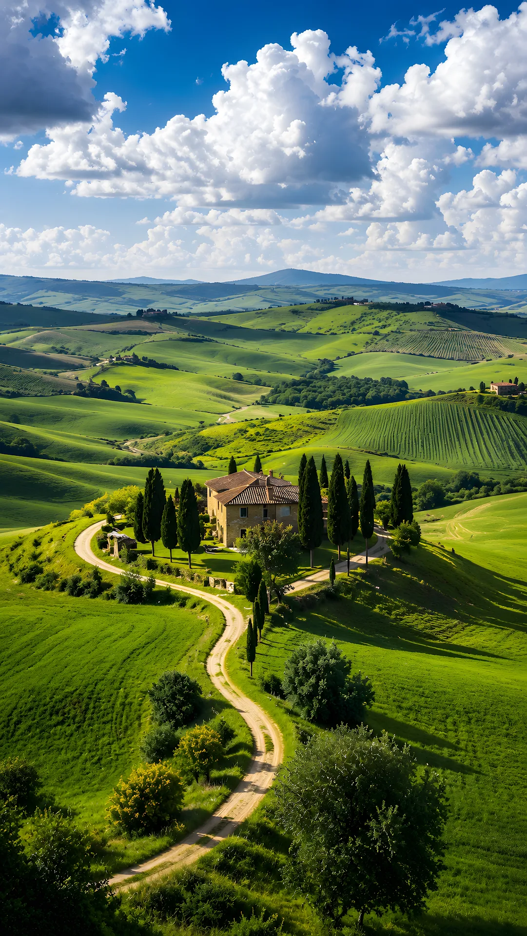 Sunlit rolling green hills and stone villa in European countryside - Free 4K mobile Wallpaper