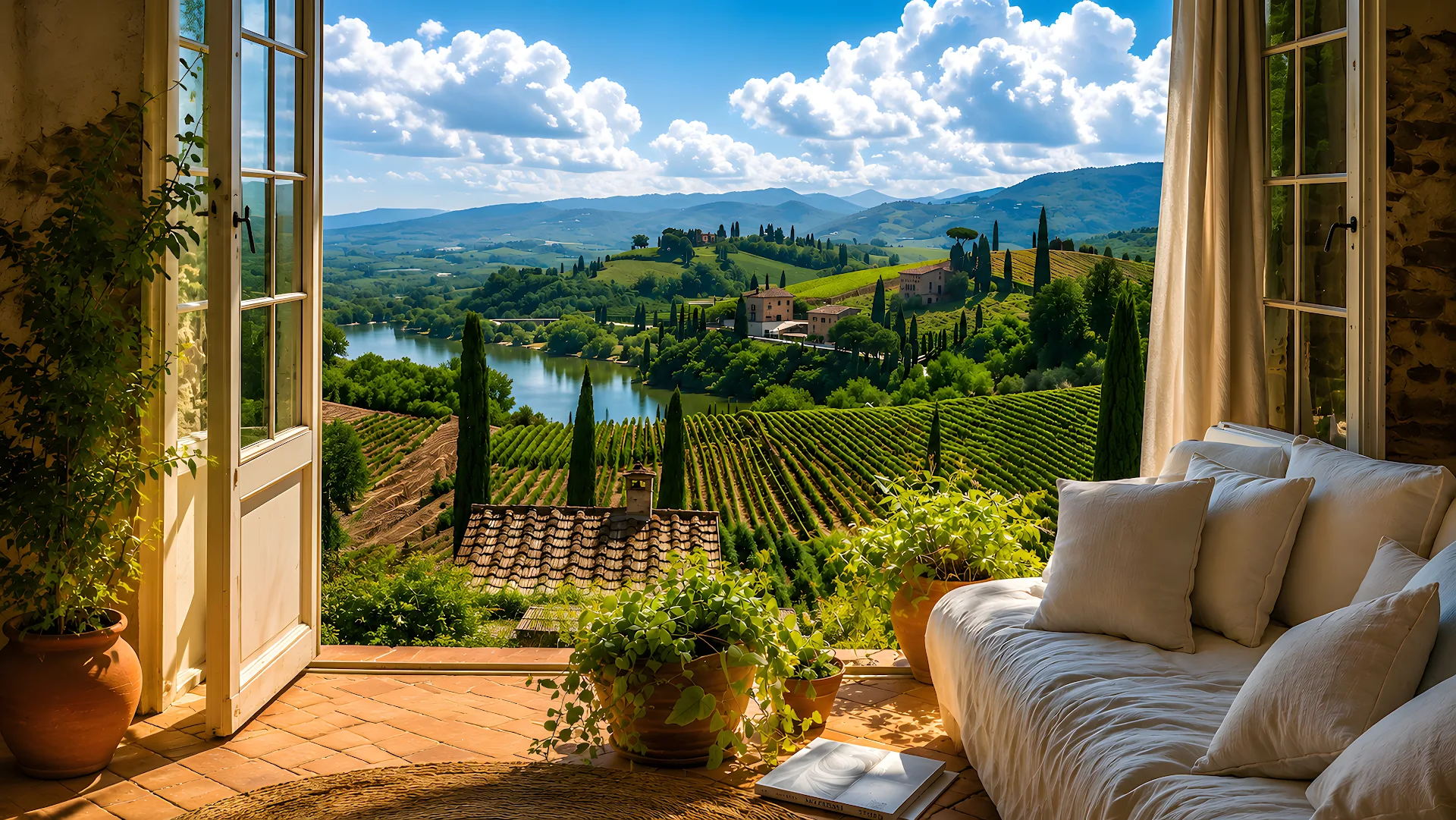 Sunlit Rustic Interior Opening Toward Green Hills - Free 4K desktop Wallpaper