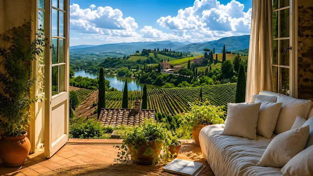 A warm rustic room opens through wide doors toward rolling green hills under a bright blue sky.