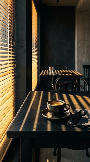Sunrise Light Through Blinds in Dark Modern Café - Free 4K & 8K mobile Wallpaper