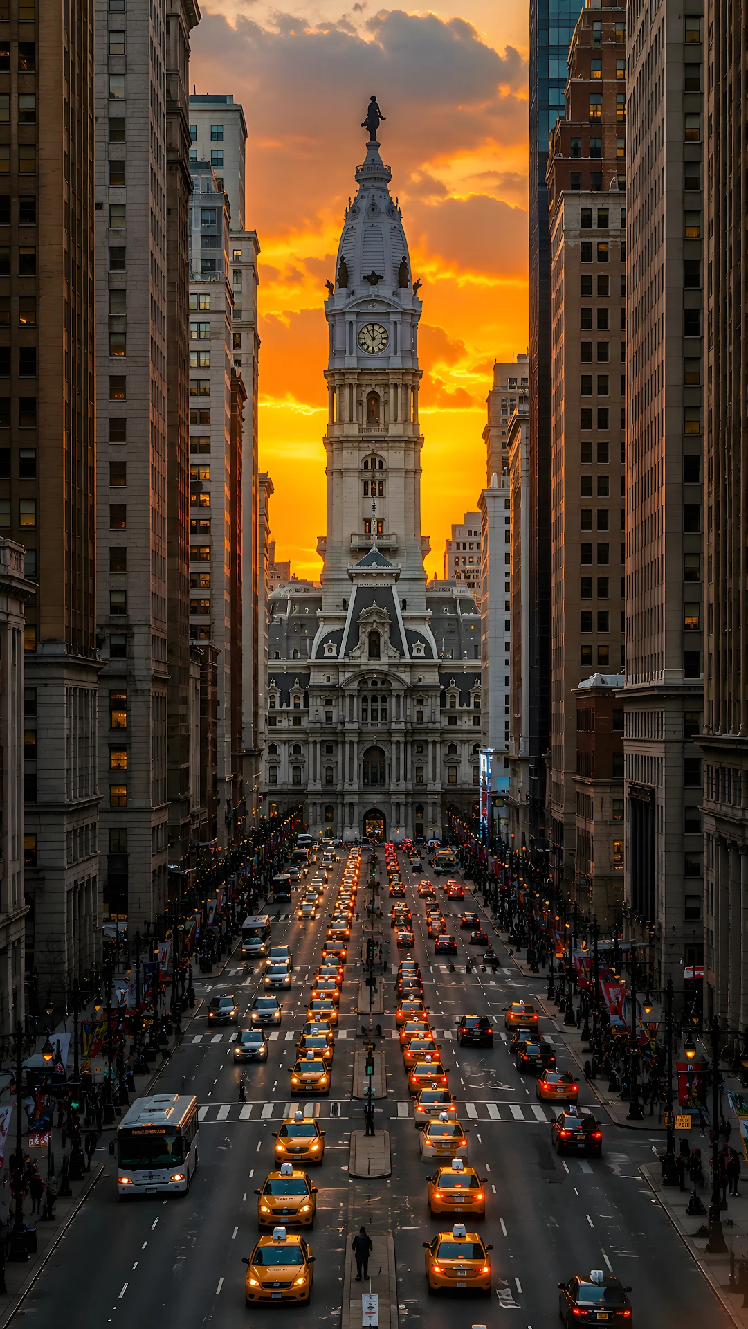Sunset over historic city hall at the end of a busy avenue - Free 4K mobile Wallpaper