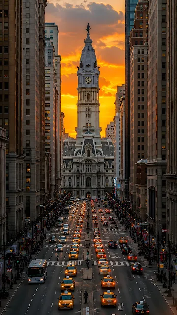 An overhead view looking down a busy city street packed with yellow cabs leading towards a historic municipal hall building at sunset.