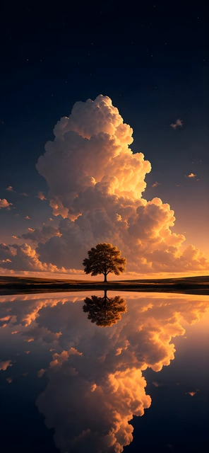 Silhouette of a lone tree and illuminated sunset cloud reflecting on a calm lake.