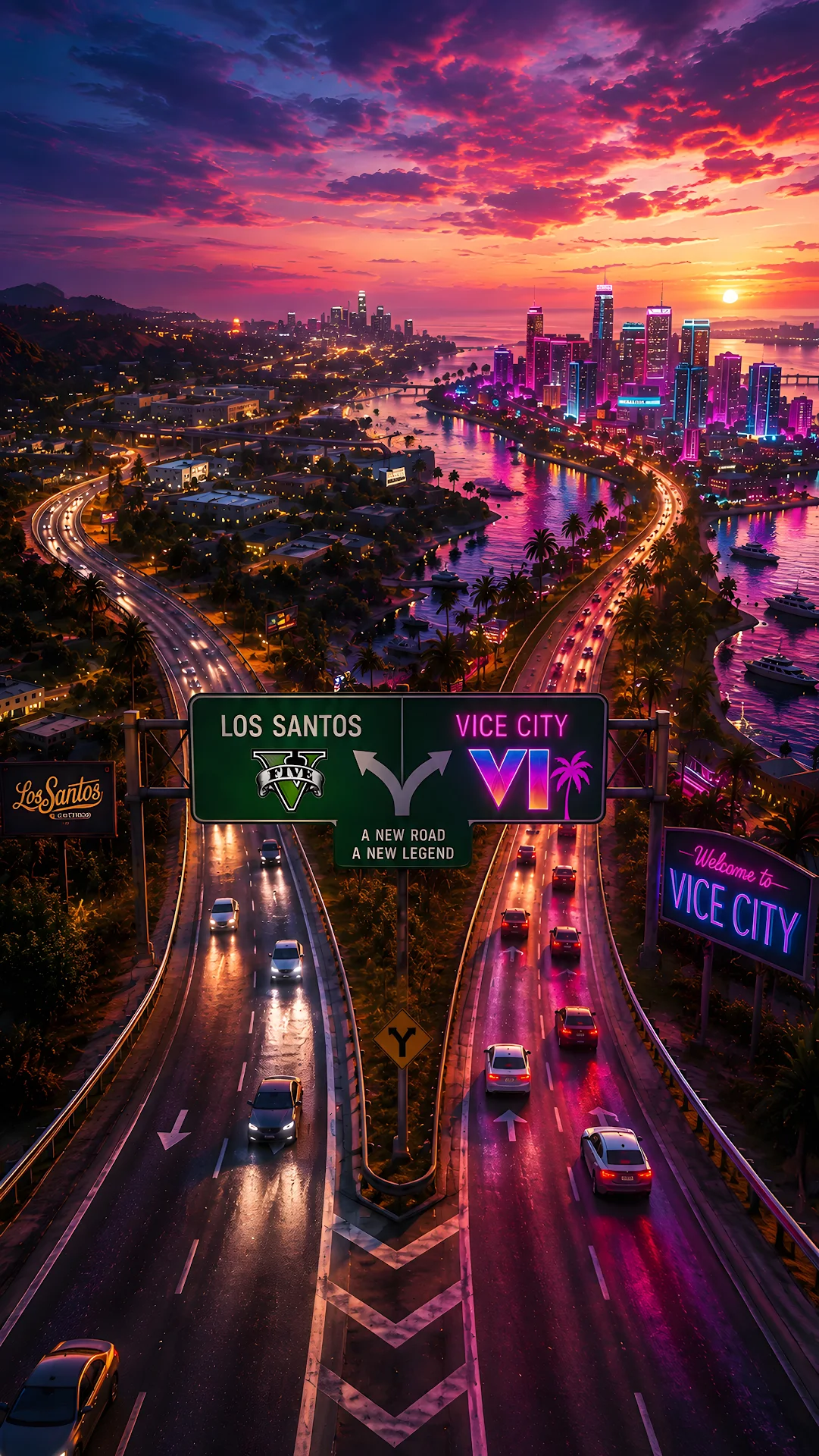 Sunset View of Coastal Highway Fork Leading to Neon City Skylines - Free 4K mobile Wallpaper