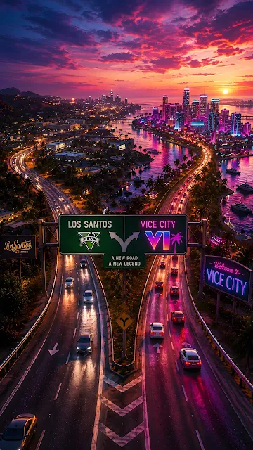 Elevated view of a highway splitting toward two glowing neon coastal cities under a vibrant orange sunset.