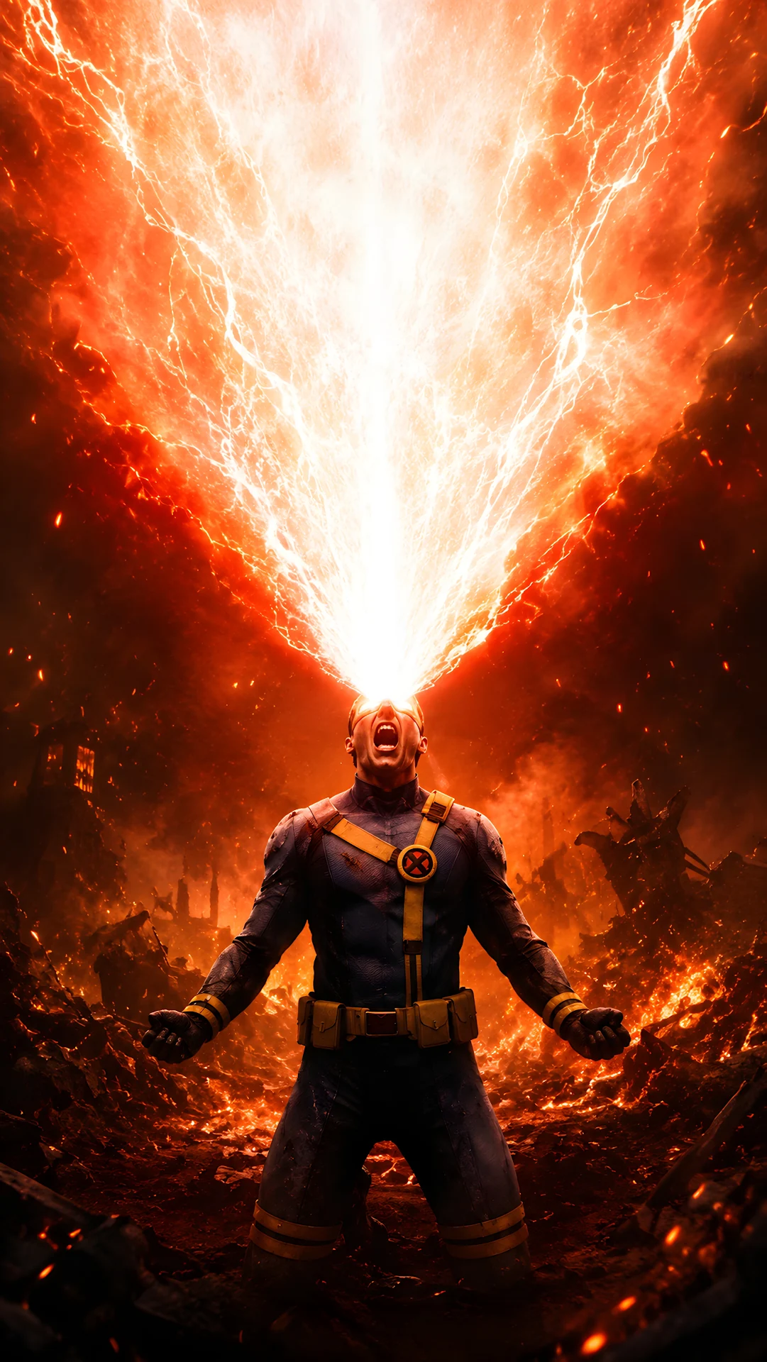 Superhero unleashing an intense fiery beam of energy into the sky - Free 4K mobile Wallpaper