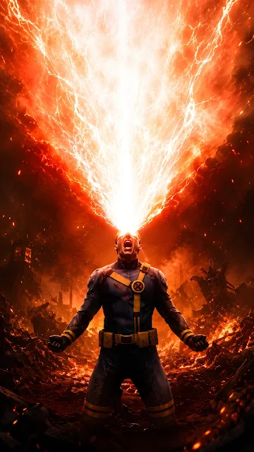 Superhero character in a blue costume kneeling in a ruined city while firing a massive blast of orange optic energy into the air.