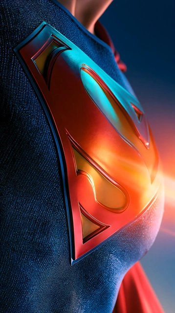 Close-up profile of Superman's red and yellow chest shield emblem on textured blue suit material.