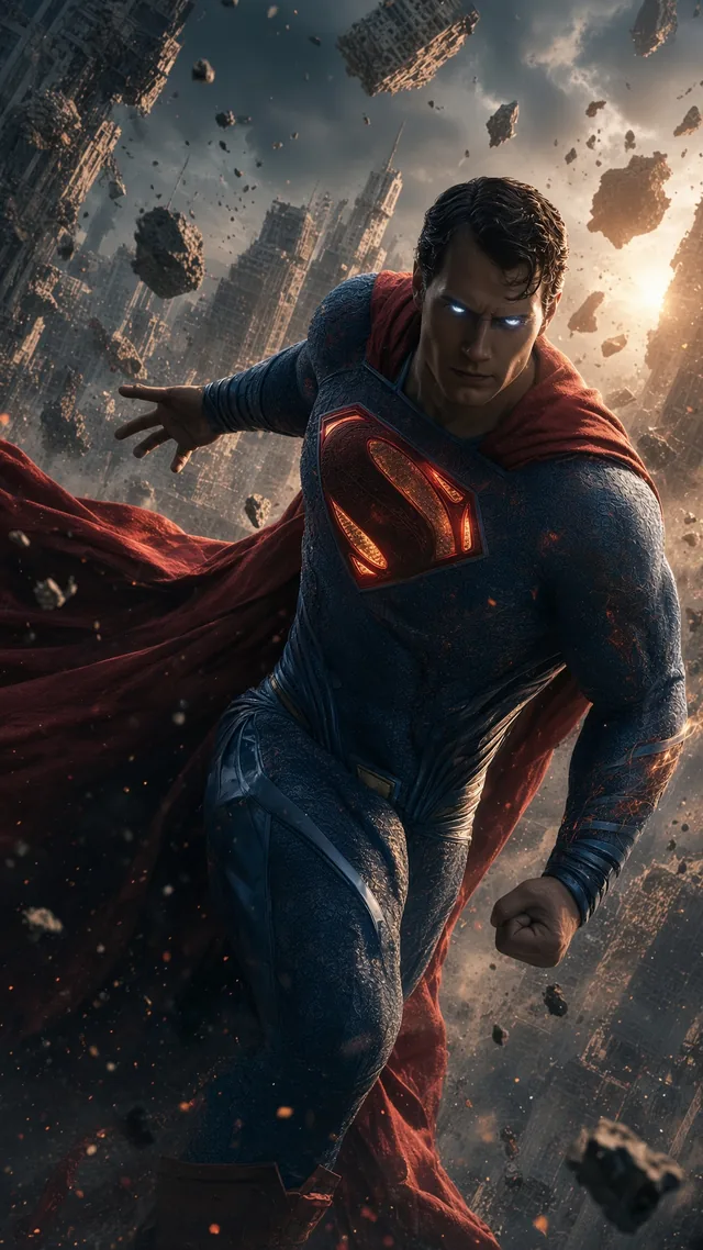 Superman with glowing blue eyes flies through suspended concrete debris over a ruined city skyline.