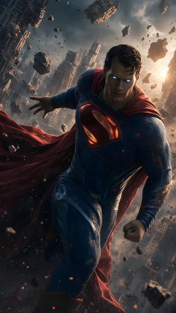 Superman in textured blue suit with flowing red cape moving through floating concrete rubble.