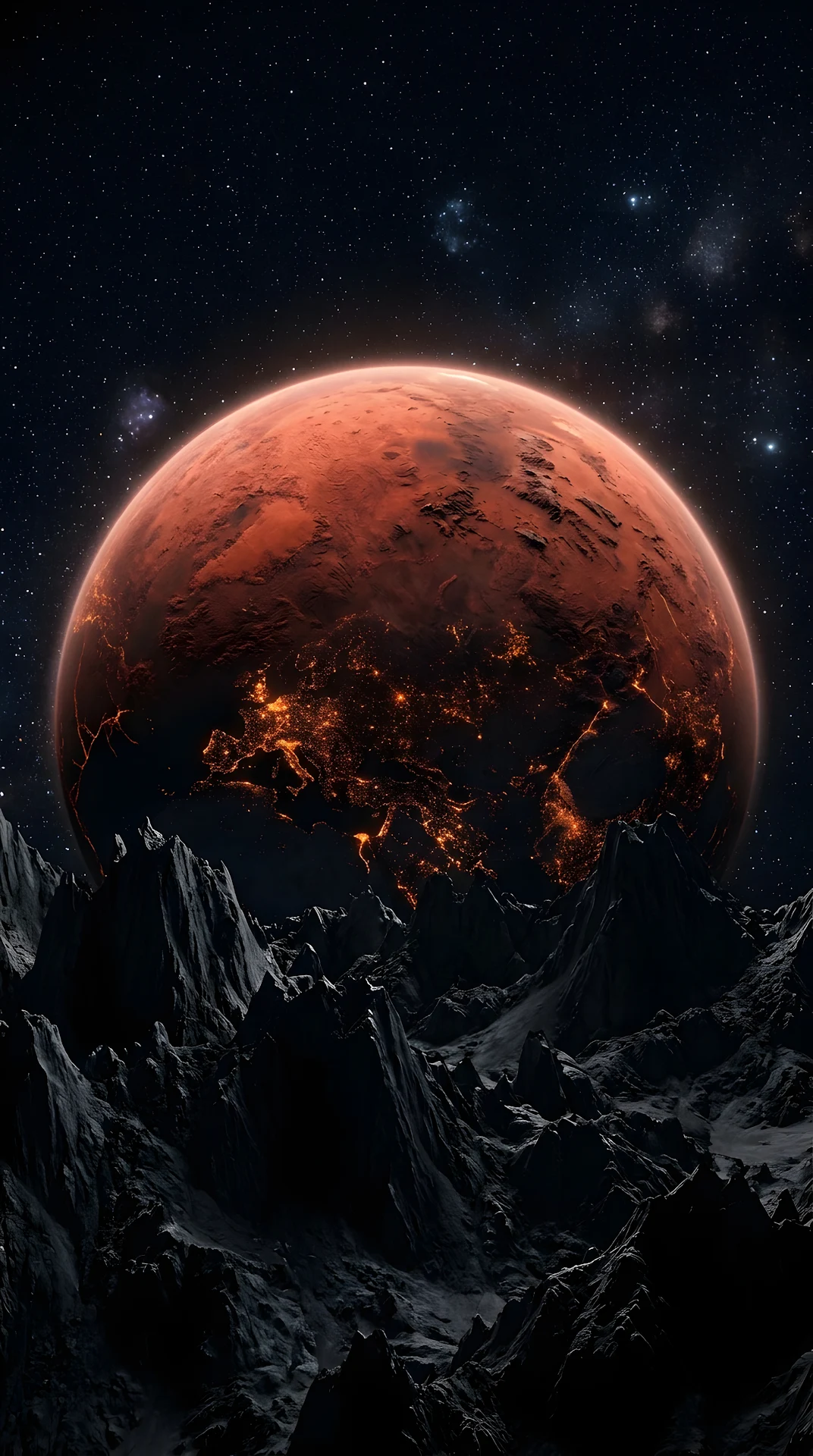 Surreal 3D Render of a Massive Red Planet Rising Over a Dark Alien Terrain - Free 4K mobile Wallpaper