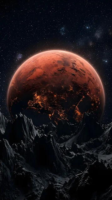 Surreal 3D Render of a Massive Red Planet Rising Over a Dark Alien Terrain - Free mobile Wallpaper
