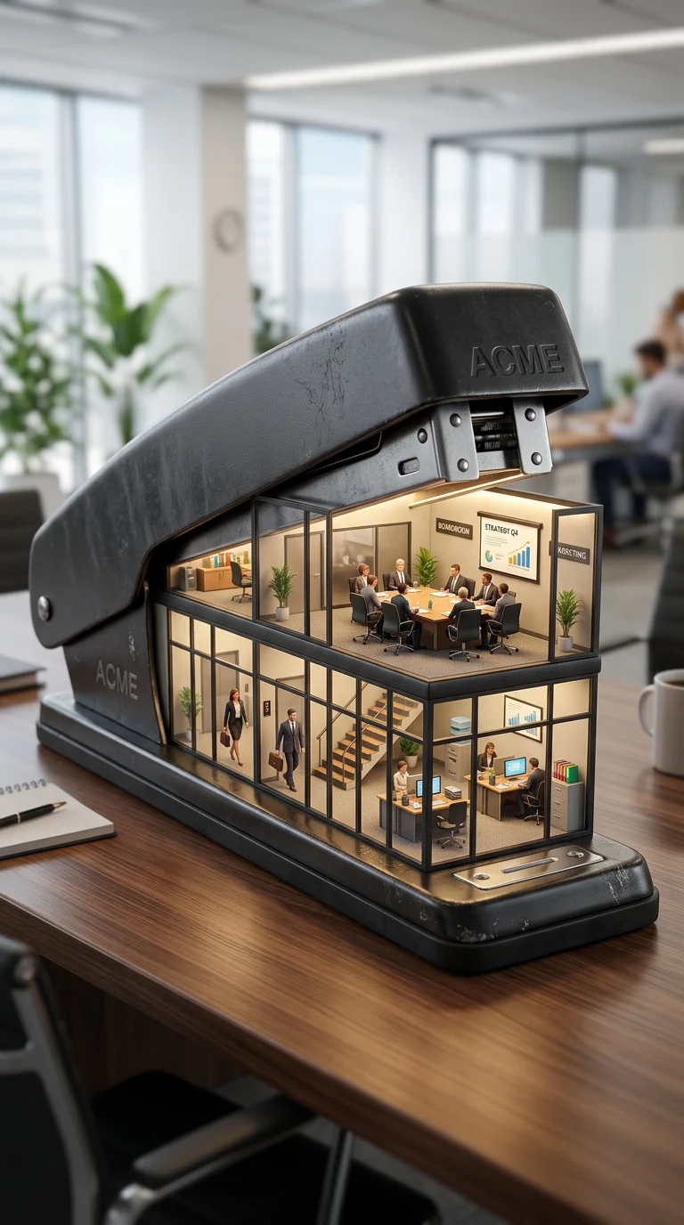 Surreal 3D Render of a Miniature Office and Boardroom Inside a Stapler - Free 8K and 4K mobile Wallpaper Background