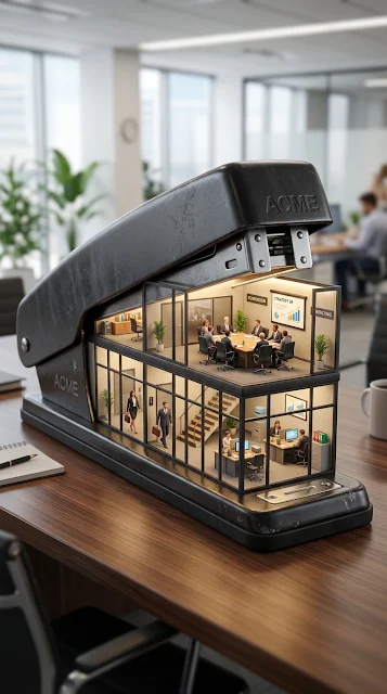 Surreal 3D Render of a Miniature Office and Boardroom Inside a Stapler - Free 4K & 8K mobile Wallpaper