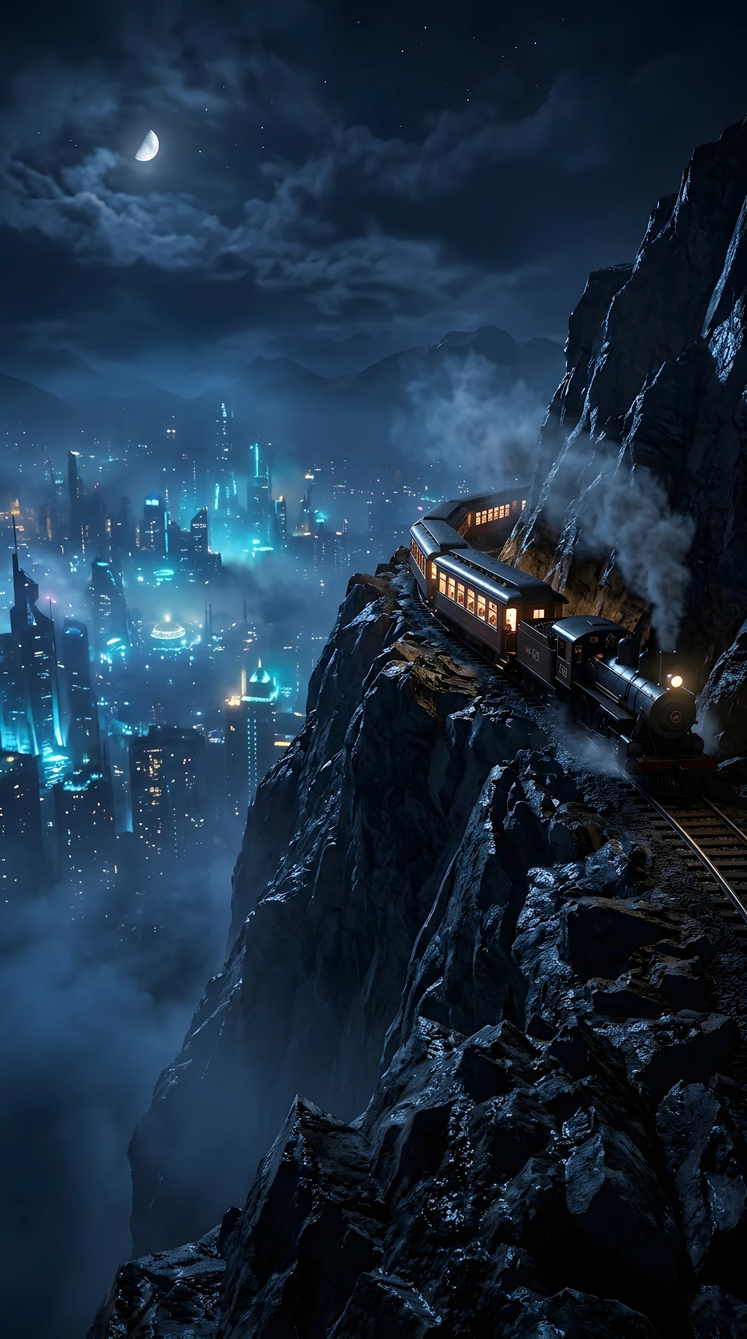 Surreal 3D Render of a Train on a Narrow Cliff Above a Foggy City - Free 4K mobile Wallpaper