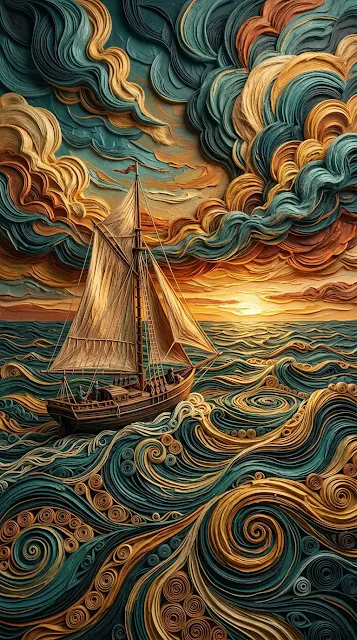 Surreal 3D Textured Illustration of a Sailboat on Swirling Waves - Free 4K & 8K mobile Wallpaper