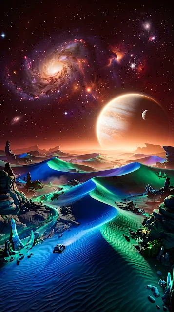 Surreal Alien Desert with Electric Blue Dunes and Red Sky - Free mobile Wallpaper