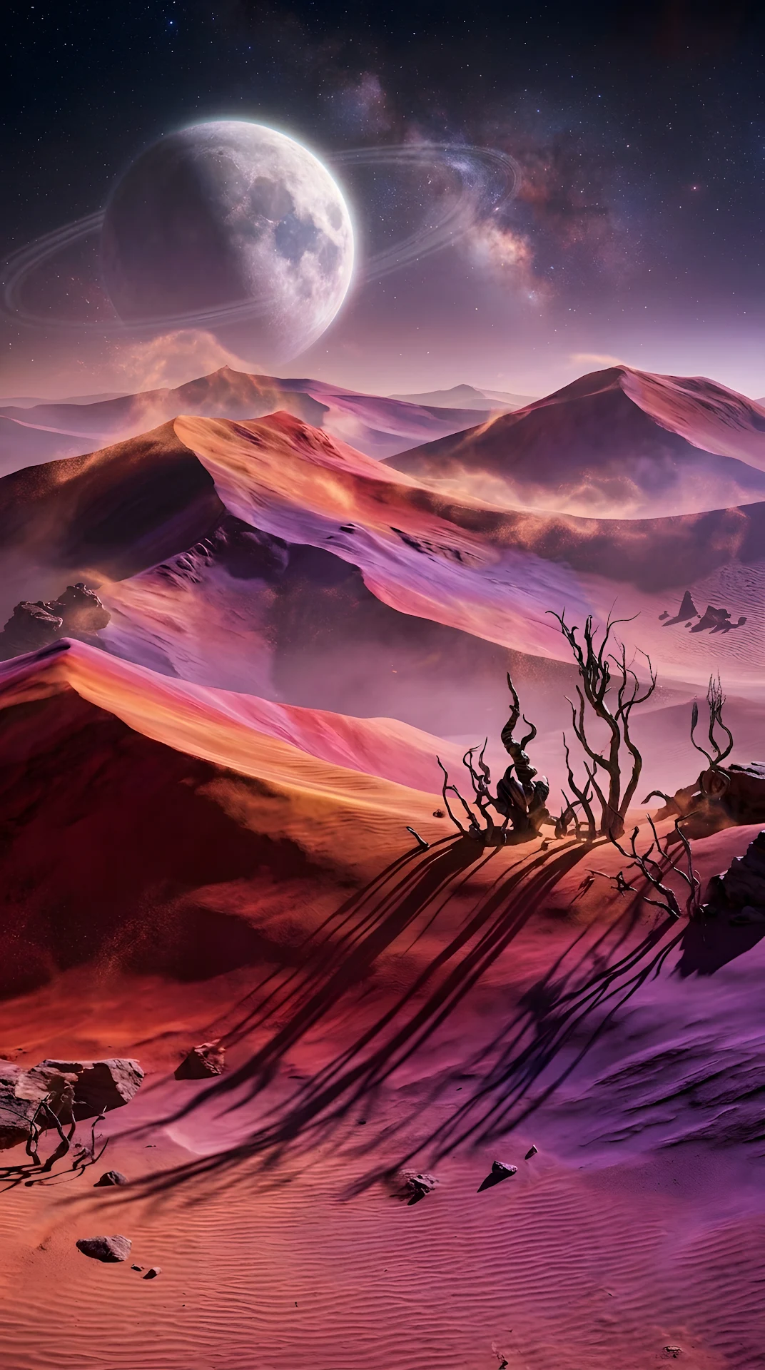 Surreal Alien Desert with Multi-Colored Dunes and Giant Moon - Free 4K mobile Wallpaper