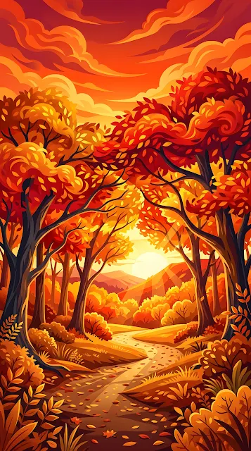 Surreal Autumn Landscape with Vibrant Red Trees and Fiery Orange Sky - Free mobile Wallpaper