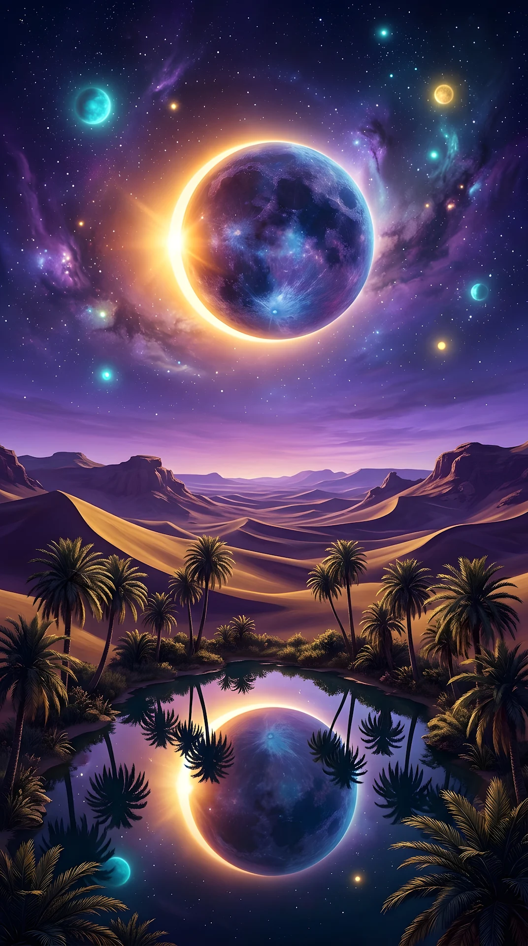 Surreal Celestial Eclipse over Desert Oasis - Free 4K mobile Wallpaper
