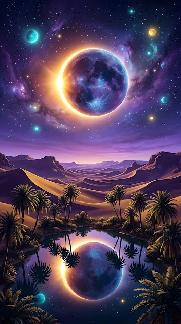 Surreal Celestial Eclipse over Desert Oasis - Free mobile Wallpaper