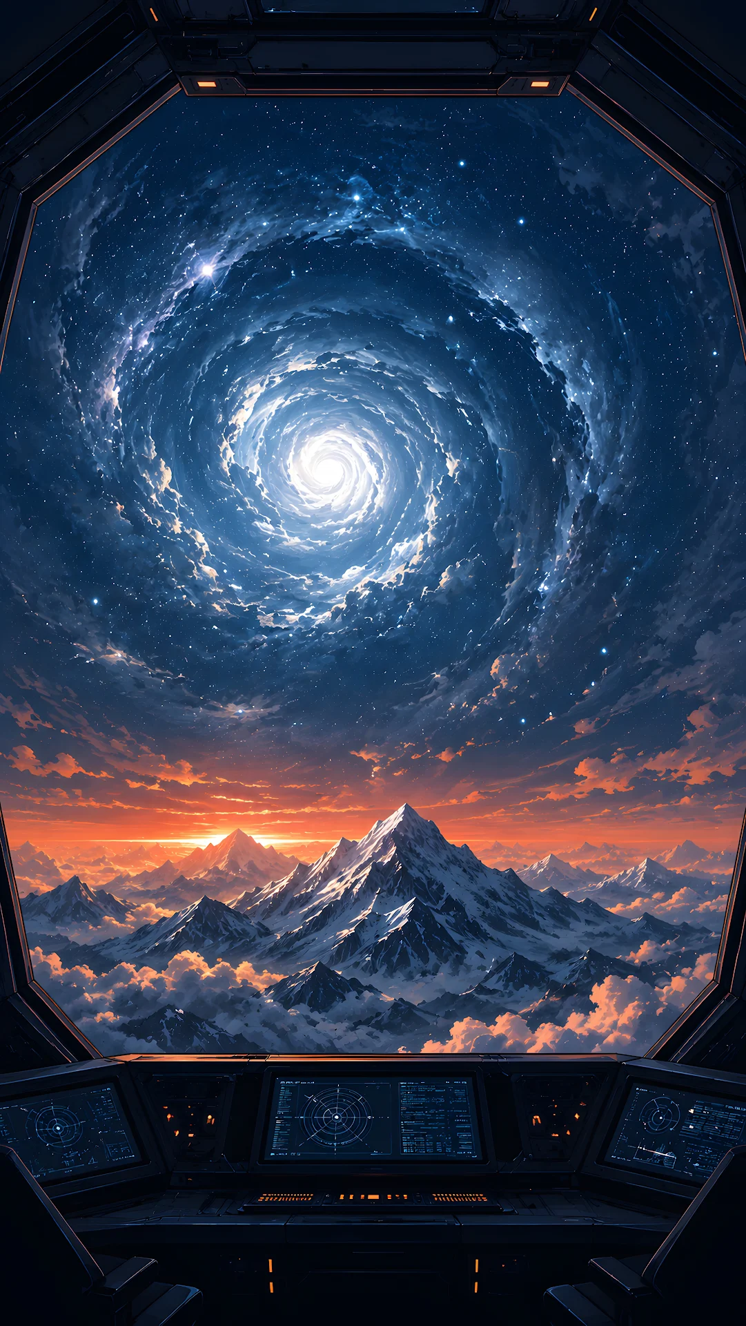 Surreal cloud vortex swirling over snowy mountains and a lookout - Free 4K mobile Wallpaper