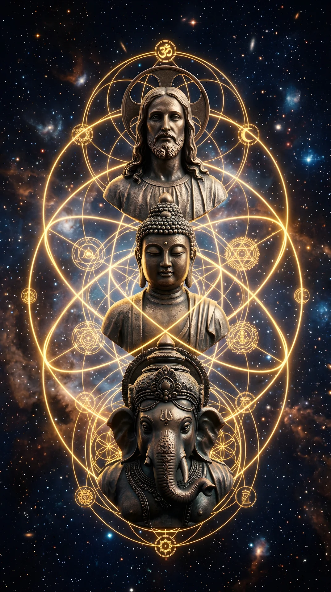 Surreal Cosmic Composition Of Jesus, Buddha, And Ganesha - Free 4K mobile Wallpaper