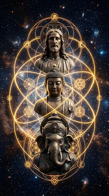 Surreal Cosmic Composition Of Jesus, Buddha, And Ganesha - Free mobile Wallpaper