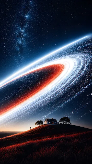 A small illuminated house on a grassy hill beneath a colossal glowing cosmic ring arc sweeping across a starry night sky.