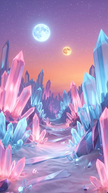 Surreal Crystal Valley Under Twin Moons in Lilac and Peach - Free 4K & 8K mobile Wallpaper