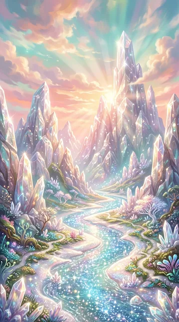 Surreal Crystalline Valley with Gemstone River under Pastel Sky - Free 4K & 8K mobile Wallpaper