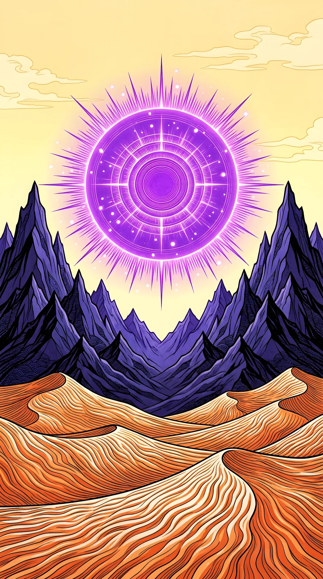 Surreal Desert Landscape with Colossal Violet Sun - Free 4K mobile Wallpaper