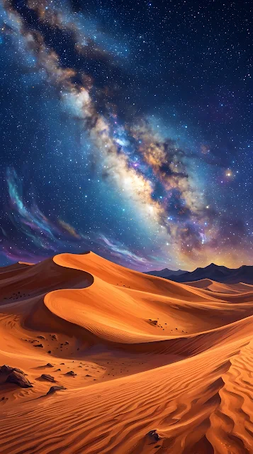 Surreal Desert Landscape with Starry Night Sky and Milky Way - Free mobile Wallpaper