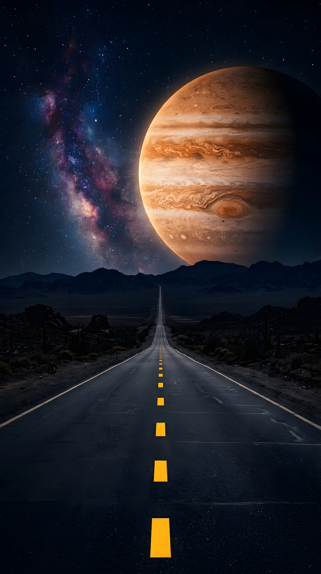 Surreal Digital Art of a Long Highway Leading Toward a Giant Planet - Free 4K mobile Wallpaper