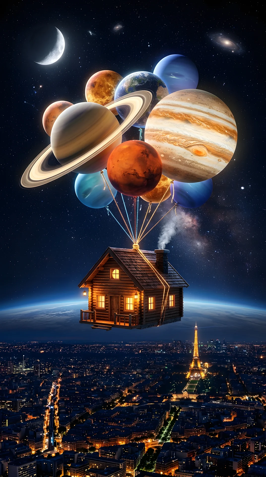 Surreal Digital Illustration of a Small Cabin Lifted by Planetary Balloons - Free 4K mobile Wallpaper
