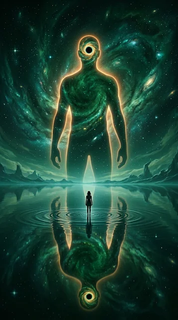 Surreal Figure Facing Towering Humanoid Silhouette with Galaxy Head - Free 4K & 8K mobile Wallpaper