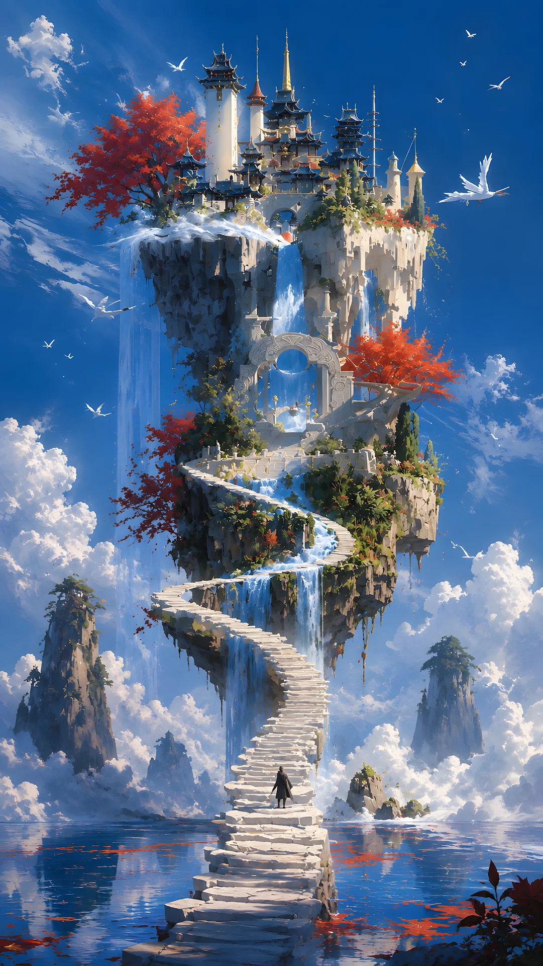 Surreal floating island castle with winding stone staircase and waterfalls - Free 4K mobile Wallpaper