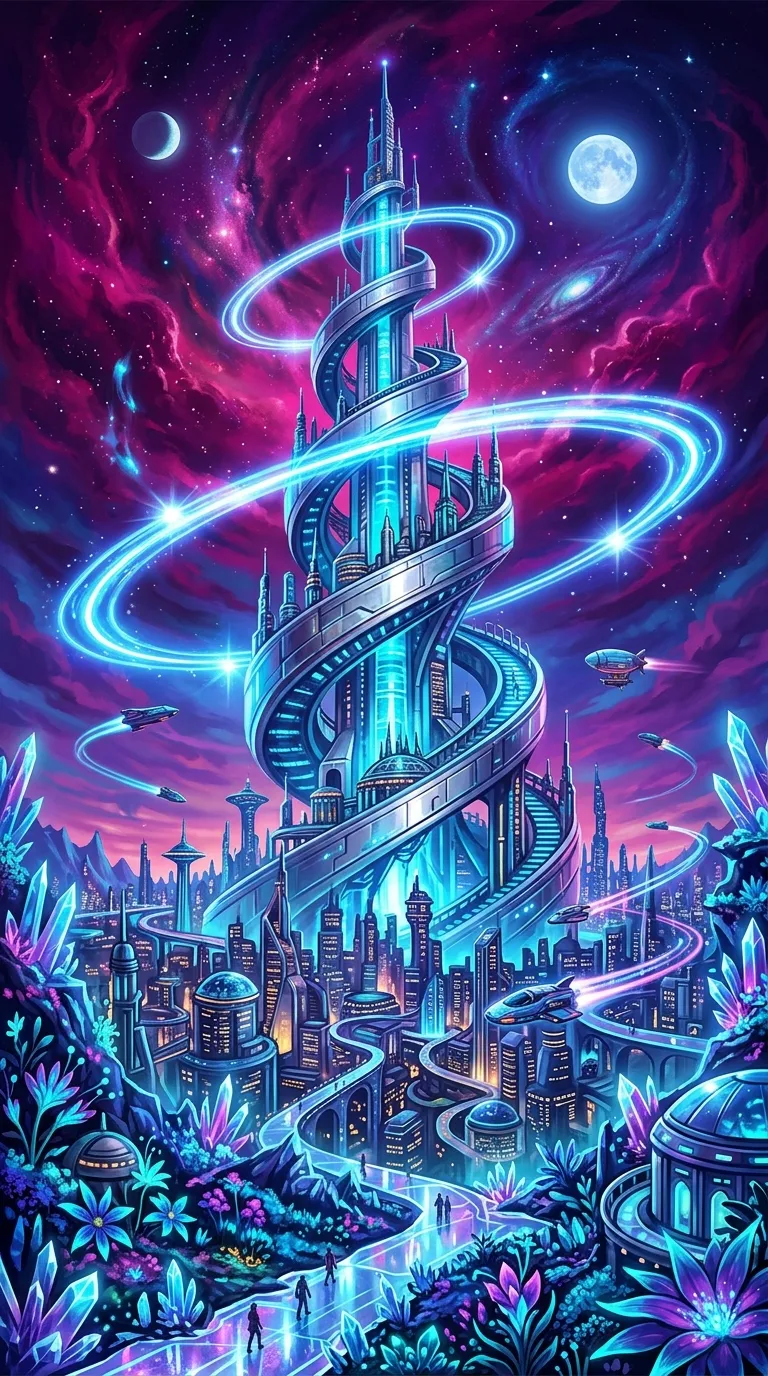 Download Surreal Futuristic Cityscape with Massive Spiral Tower and Dual Moons Wallpaper in 4K UHD Surreal Futuristic Cityscape with Massive Spiral Tower and Dual Moons - Free 8K and 4K mobile Wallpaper Background