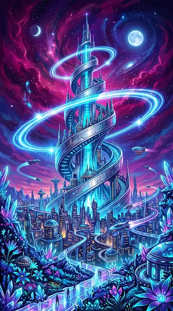 Surreal Futuristic Cityscape with Massive Spiral Tower and Dual Moons - Free 4K & 8K mobile Wallpaper
