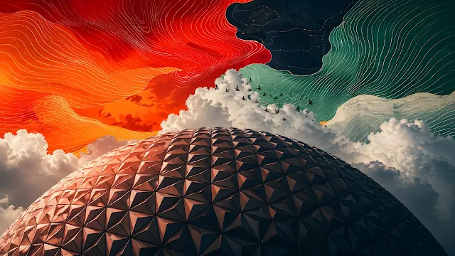 Geodesic sphere dome under fluffy clouds and a split sky composed of red and green elevation contour lines.