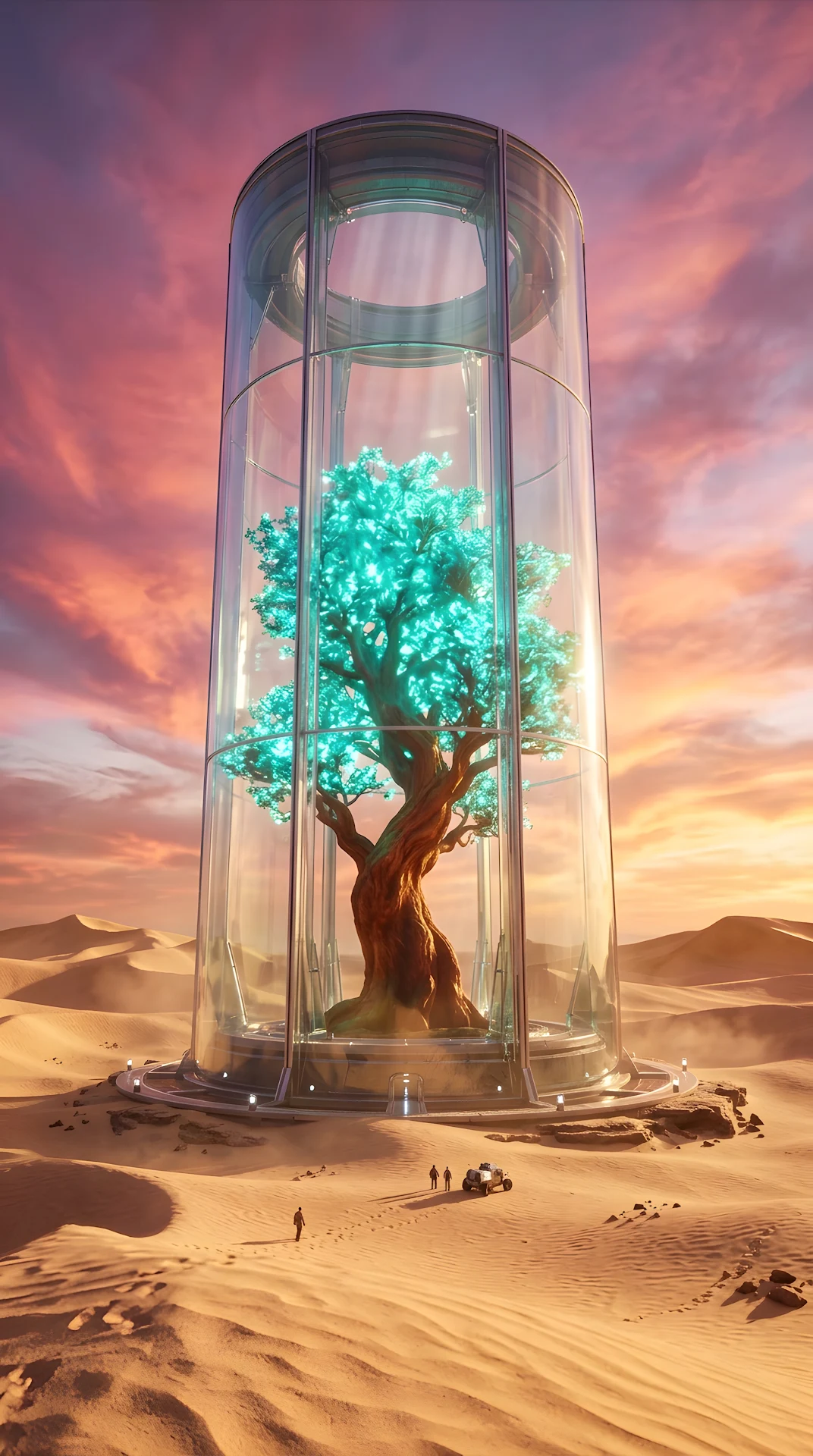 Surreal Giant Desert Cylinder Enclosing a Luminescent Tree - Free 4K mobile Wallpaper