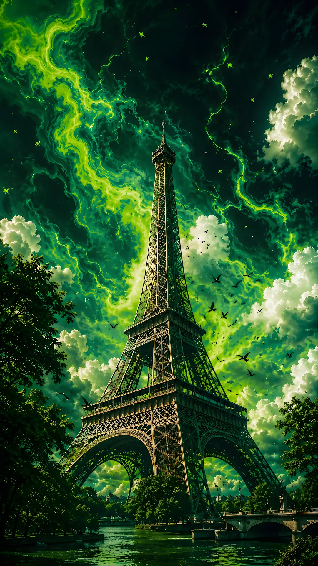 Surreal historic iron lattice tower under glowing green lightning sky - Free 4K mobile Wallpaper