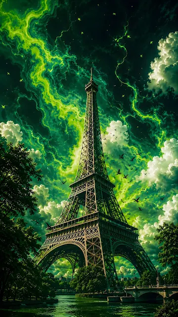 Historic wrought-iron lattice tower standing against a dark dramatic sky with glowing green energy storm clouds.